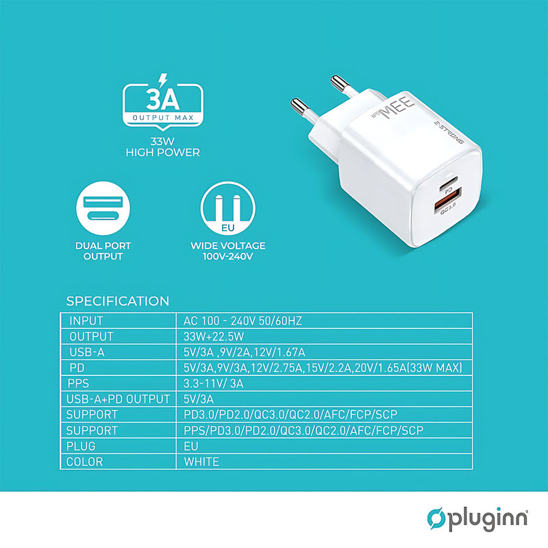 Adapter / Polnac za Telefon - Pluginn USB + Type C - PD - 33W