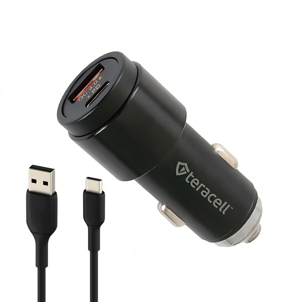 Polnac za vo Avtomobil so Kabel -  Teracell Type-C Dual USB 45W - Black