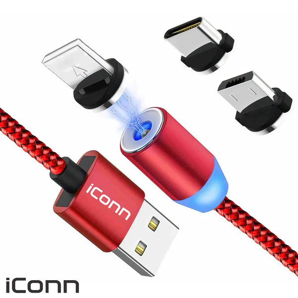Magneten Kabel za Telefon so 3 Opcii - Type-C, Micro, Lightning - iConn - Red